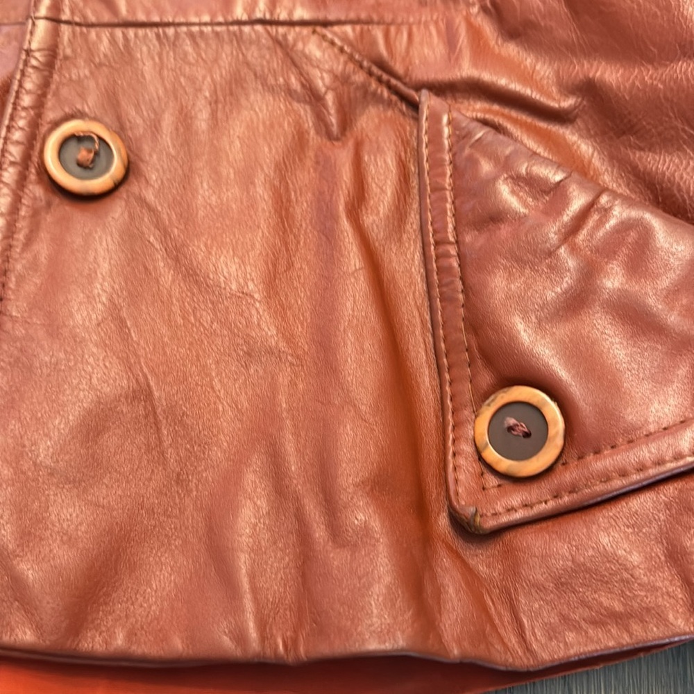 🟢 Vintage 1980s/1990s Rust Orange Belted 100% Leather Jacket - Picture 3 of 9